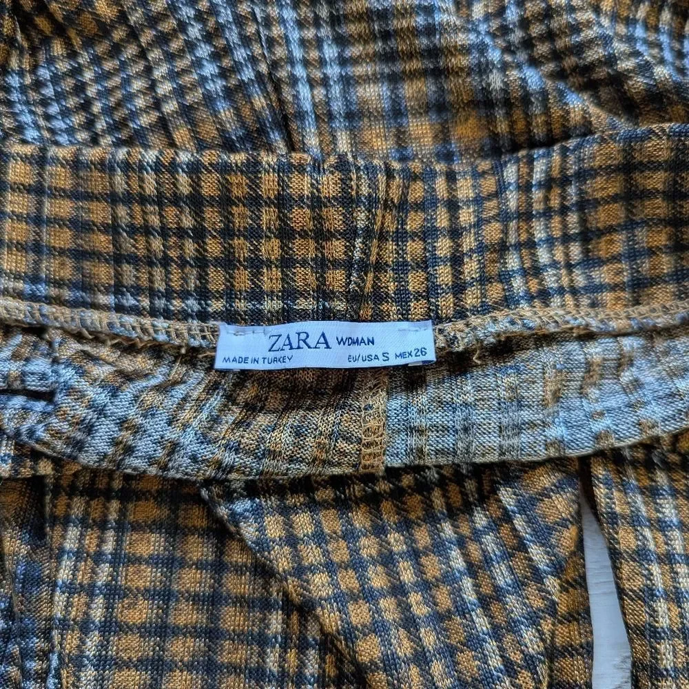 Zara Palazzo Pants Brown Plaid Wide-Leg Cropped Womens Small